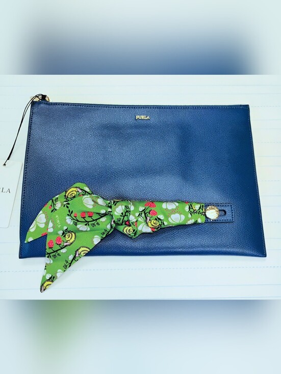 Furla Handbags - NWT Furla Leather Clutch w/ Green Floral Scarf Accent GHW